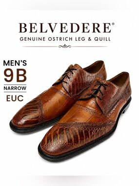 Belvedere Ostrich Leg & Quill Cognac Dress Shoes Men’s 9B Narrow EUC